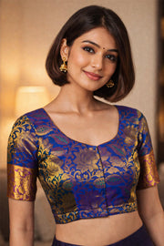 Majestic Blue Kanjivaram Silk Blouse With Floral Zari Border And Motifs 10076610