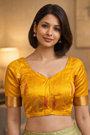Sunset Yellow Kanjivaram Soft Silk Blouse With Floral Motifs And Zari Border 10076613