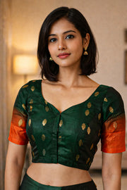 Forest Night Green Kanjivaram Soft Silk Blouse With Geometric Motifs 10076614