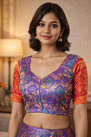Lavender Steel Purple Kanjivaram Soft Silk Blouse With Floral Motifs And Elephant Motifs 10076620