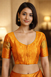 Golden Mustard Yellow Kanjivaram Silk Blouse With Paisley Motifs And Floral Motifs 10076621