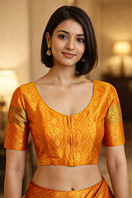 Golden Mustard Yellow Kanjivaram Silk Blouse With Paisley Motifs And Floral Motifs 10076621