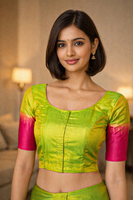 Sunny Leaf Green Kanjivaram Soft Silk Blouse With Contrast Border 10076626