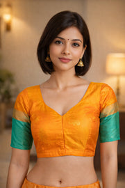 Amber Honey Yellow Kanjivaram Soft Silk Blouse With Contrast Border And Floral Motifs 10076628