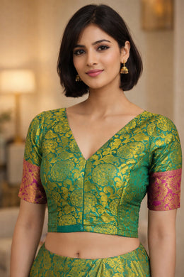 Peacock Whisper Green Kanjivaram Soft Silk Brocade Blouse With Floral Border 10076631
