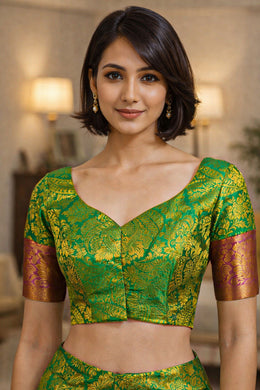 Peacock Fern Green Kanjivaram Silk Blouse With Floral Motifs and Floral Border 10076635