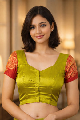 Honey Olive Green Kanjivaram Silk Blouse With Contrast Saffron Brick Red Border 10076636