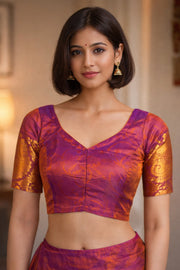 Royal Berry Purple Kanjivaram Silk Blouse With Leaf Design and Paisley Border 10076652