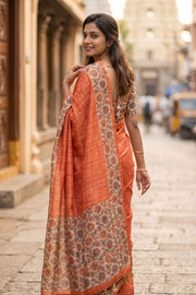 Orange Printed Semi Linen Saree 10077235