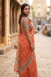Orange Printed Semi Linen Saree 10077235