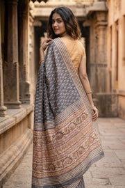 Grey Printed Semi Tussar Silk Saree 10077240