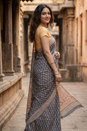 Grey Printed Semi Tussar Silk Saree 10077240