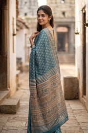 Aqua Sea Blue Printed Semi Tussar Silk Saree 10077241