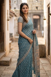 Aqua Sea Blue Printed Semi Tussar Silk Saree 10077241