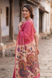 Pink Printed Semi Linen Silk Saree 10077242