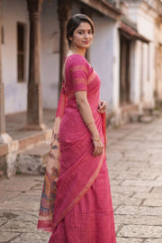 Pink Printed Semi Linen Silk Saree 10077242