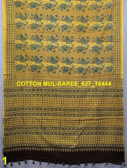 Yellow Ajrakh Printed Mulmul Cotton Saree 10077285