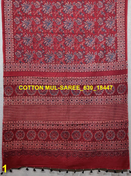 Red Ajrakh Printed Mulmul Cotton Saree 10077286