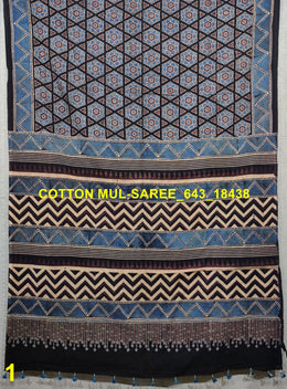 Blue Ajrakh Printed Mulmul Cotton Saree 10077287