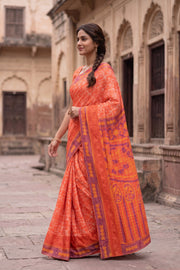 Orange Chikankari Embroided Kota Cotton Saree 10078105