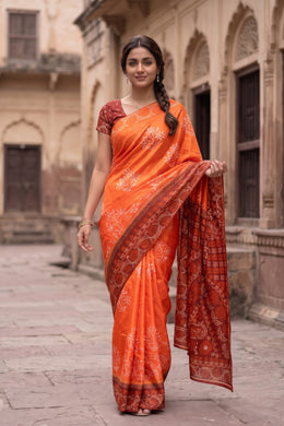 Rust Orange Chikankari Embroidered Kota Cotton Saree 10078107