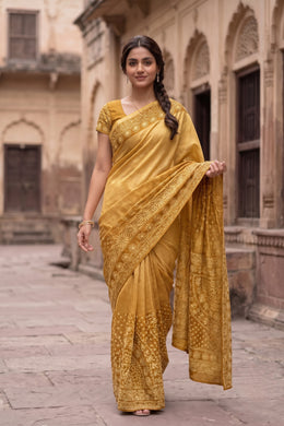 Golden Chikankari Embroidered Kota Cotton Saree 10078109