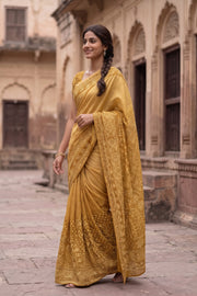Golden Chikankari Embroidered Kota Cotton Saree 10078109