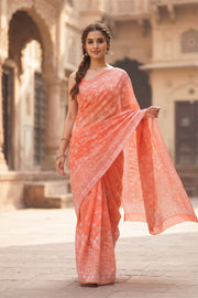 Peach Chikankari Embroided Kota Cotton Saree 10078112