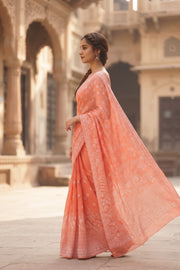 Peach Chikankari Embroided Kota Cotton Saree 10078112