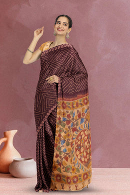 Purple Kalamkari Printed Linen Saree 10074909