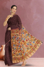 Purple Kalamkari Printed Linen Saree 10074909