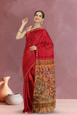Red Kalamkari Printed Linen Saree 10074908