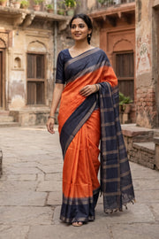 Orange Semi Tussar Saree with Zari Border 10078212