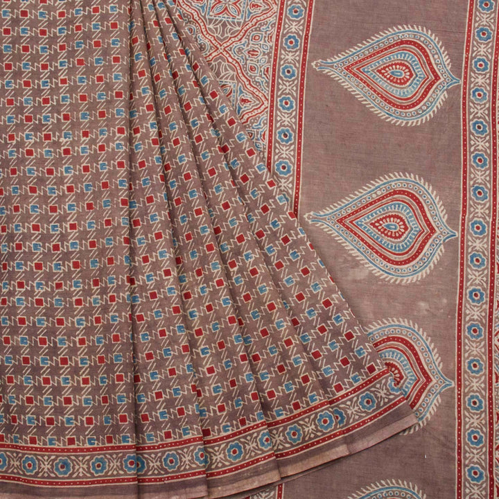 Light Brown Ajrakh Printed Cotton Saree 10062717