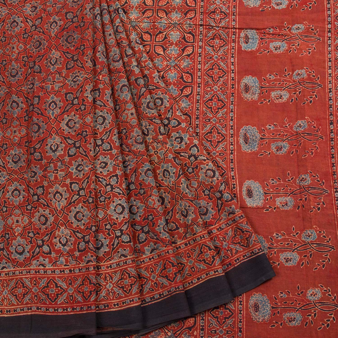 Red Ajrakh Printed Cotton Saree 10062724