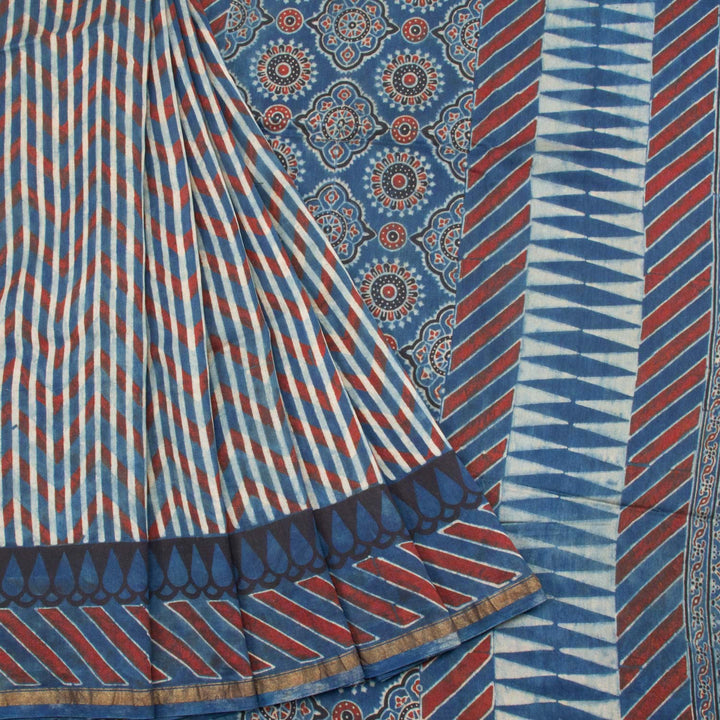 Indigo Blue Ajrakh Printed Silk Cotton Saree 10062733