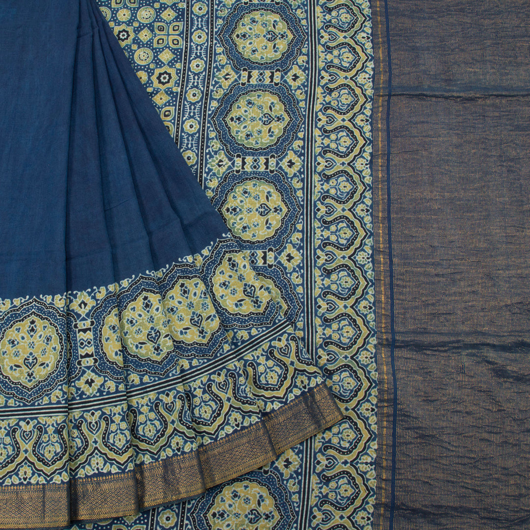 Indigo Blue Ajrakh Printed Mangalgiri Cotton Saree 10062891