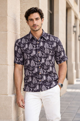 Brown Half Sleeve Jahota Printed Cotton Mens Shirt 10074412