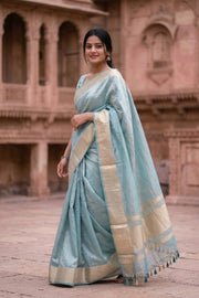 Sea Mist Blue Banarasi Tissue Silk Saree With Zari Border 10074278