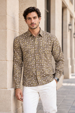 Green Full Sleeve Jahota Printed Cotton Mens Shirt 10073161
