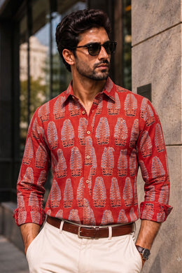 Red Full Sleeve Ajrakh Printed Cotton Mens Shirt 10071165