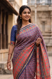 Ink Blue Printed Semi Tussar Silk Saree 10077219