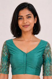 Teal Green Aari Embroidered Tussar Silk Blouse 10077720
