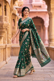 Dark Green Handloom Banarasi Chiniya Silk Saree 10065484