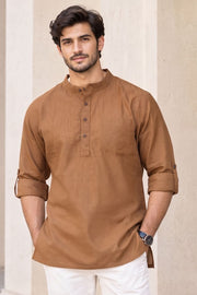 Brown Full Sleeve Slub Cotton Shirt Length Men's Kurta 10077840