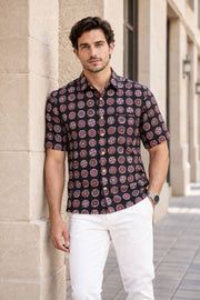 Black Half Sleeve Jahota Printed Cotton Mens Shirt 10074313