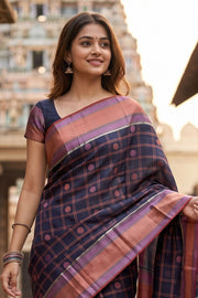 Navy Blue Threadwork Handloom Kanjivaram Silk Saree 10067869