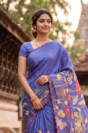 Purple Printed Kalamkari Semi Tussar Silk Saree 10074917