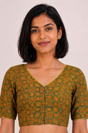 Green Ajrakh Printed Cotton Blouse 10072254