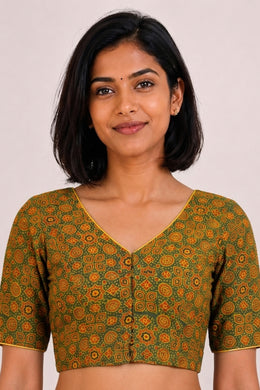 Green Ajrakh Printed Cotton Blouse 10072254